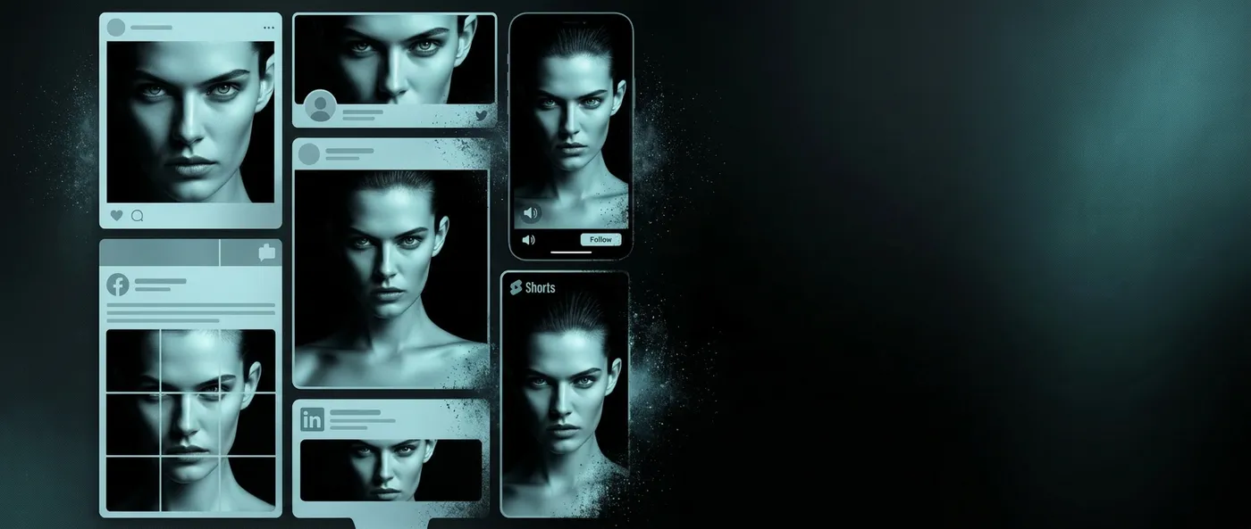 Social media post frames across Facebook, Instagram, TikTok, YouTube, and X